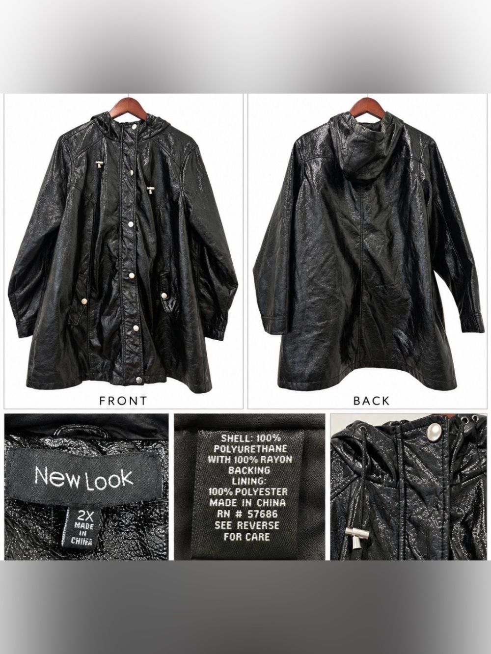 New Look Black Hooded Trench-Style Faux-Leather Coat 2X